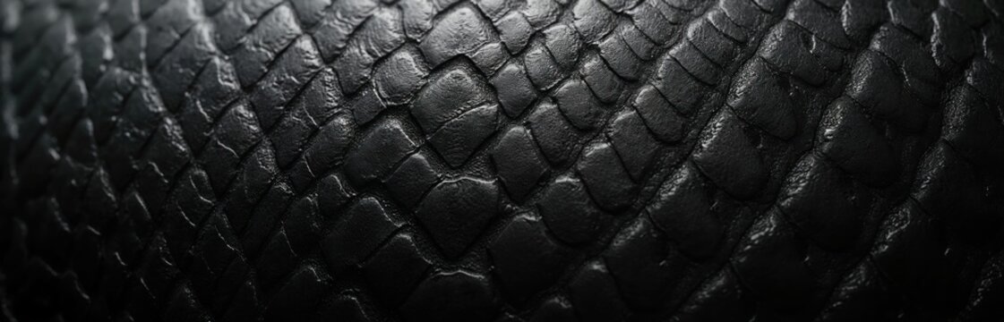 Macro closeup of shiny black snake skin texture. Reptilian scales create abstract pattern, perfect for fashion, luxury or natural material backgrounds.