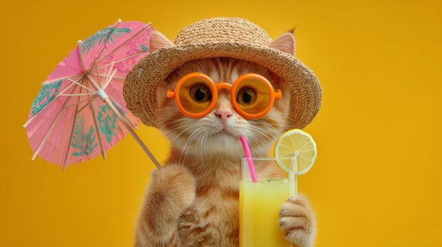 Cute cat in a straw hat and sunglasses enjoying a tropical drink under a bright yellow background - Powered by Adobe