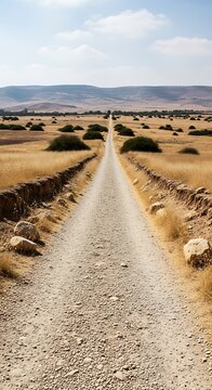 Dusty Road Through Arid Landscape - A Journey into the Horizon.