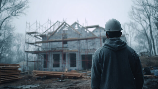 Construction Worker Facing a House Under Construction on a Foggy Day