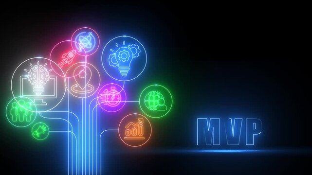 Neon MVP Icons Connected in Flowchart with Glowing Text minimum viable product