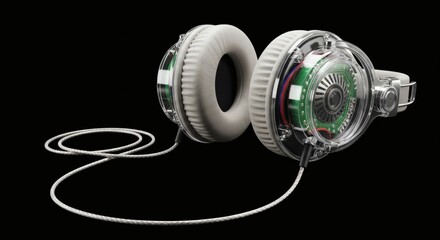 Naklejka premium Isolated Transparent Wired Headphones - Y2K Vintage Music Technology 