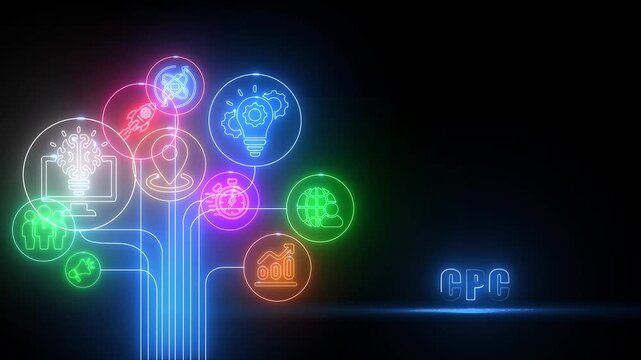Neon light icons connected in a network with CPC text on a dark background cost per click marketing
