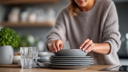 Person arranging dishes on a wooden table in a cozy kitchen
