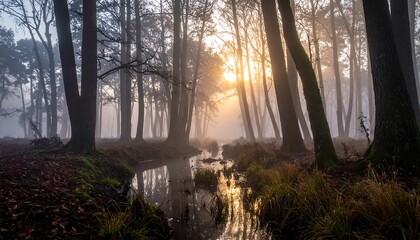 A foggy forest scene with tall trees lining a stream, golden sunlight breaking through the mist. Reflective water