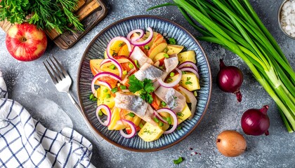 A delicious, vibrant potato salad topped with herring, sliced apples and red onions on a patterned plate. Accompanying fresh chives, onions, and an apple