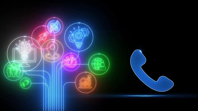 Neon light icons representing business and technology concepts connected to a telephone receiver icon on a dark background