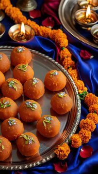 Traditional Indian sweets laddus served on silver tray with marigold garlands and oil lamps, festive Diwali celebration decoration on royal blue silk background with rose petals