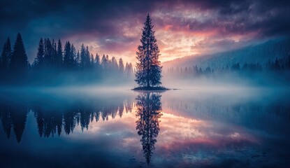 Naklejka premium A solitary conifer reflects in a tranquil lake at sunrise.