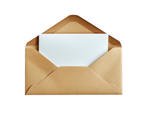 Open tan envelope holding blank white card, on black