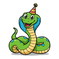 Fototapeta premium Cute Cobra Snake Cartoon with Birthday Party Hat