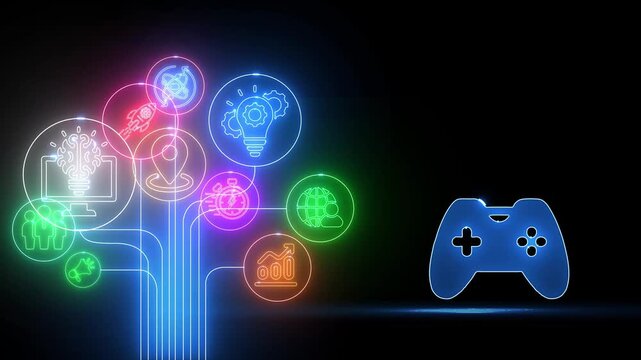 Neon Light Network of Business and Technology Icons Connecting to a Game Controller Symbol abstract artificial intelligence