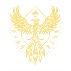 Golden phoenix bird emblem, luxury royal logo design, elegant line art symbol, vector illustration.