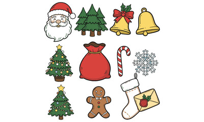 Christmas icons set with tree snowman gift Santa Claus and holiday decorations vector illustration