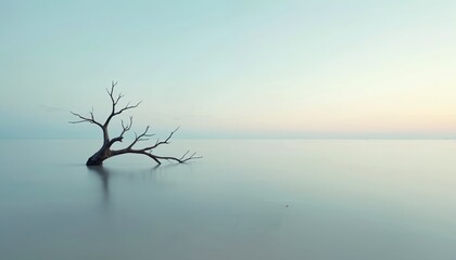 Fototapeta premium Bare dead tree stands partially submerged in calm water. Still ocean surface reflects soft pastel colors of early morning late evening sky. Serene tranquil coastal landscape shows nature in quiet,