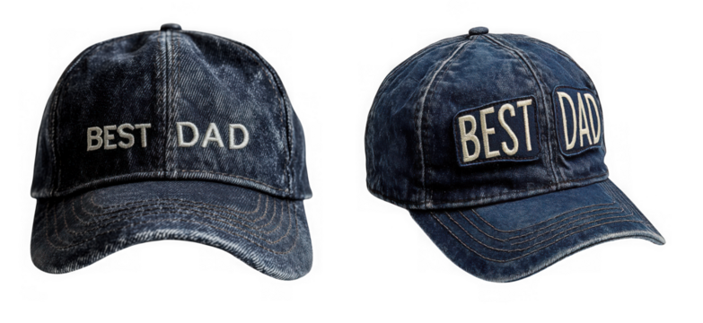 Two denim baseball caps with best dad embroidered on them, isolated on transparent background