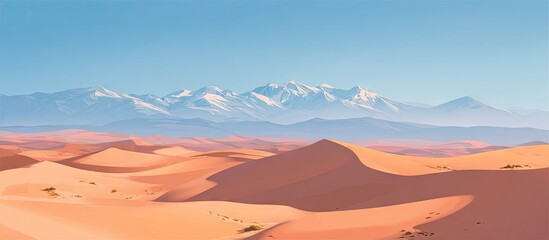 Desert landscape with snow-capped mountains.