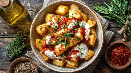 Top-down view of traditional Patatas Bravas, crispy golden fried potatoes topped with spicy red bravas sauce and creamy aioli