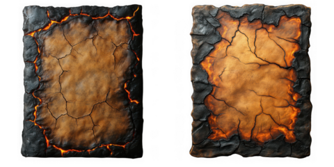 Two burnt paper sheets with glowing orange edges, isolated on transparent background