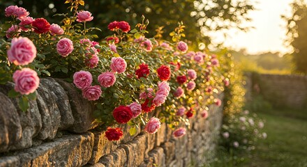 Sun-Drenched Garden Wall: Vibrant Pink and Red Roses Cascading Over an Old Stone Fence