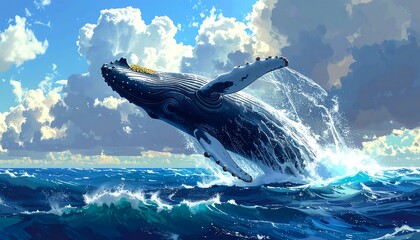 A digitally painted humpback whale leaps from the ocean with splashing water, against a blue sky filled with puffy clouds