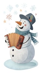 Snowman playing accordion with cheerful mood on snowy background copy space
