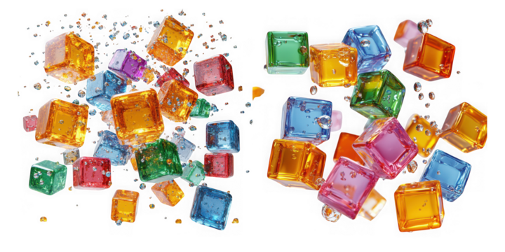 Scattered colorful sugar cubes isolated on transparent background