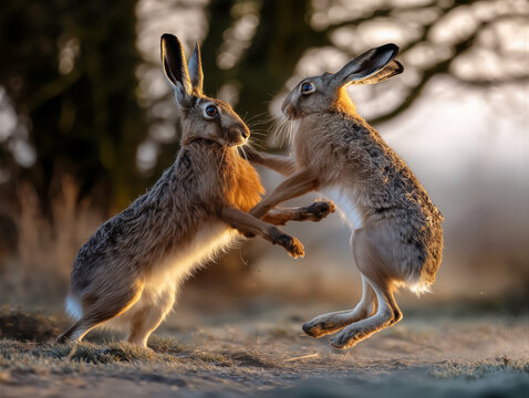 two hares boxing and fighting during mating season on a frosty March morning
