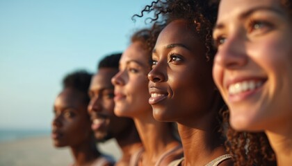 Fototapeta premium Diverse group of friends side by side on beach looking forward with hopeful smiles. They share a moment of unity, friendship, and anticipation for the future.