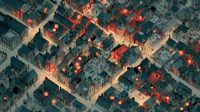 Dense Urban Buildings at Night Seen from Above
