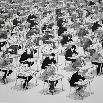 Students Taking an Exam in a Crowded Classroom - Black and White Illustration