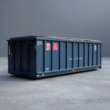 Dark Blue Construction Waste Dumpster on a Gray Background