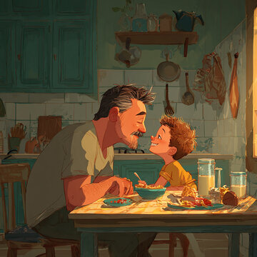 Father and Child Sharing a Meal - Warm Father's Day Illustration