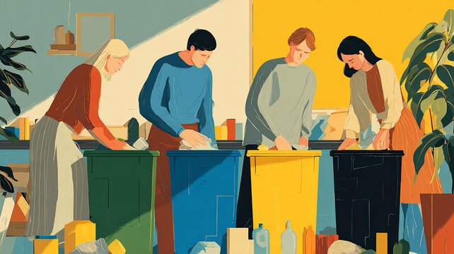 Group of People Sorting Waste into Colorful Recycling Bins
