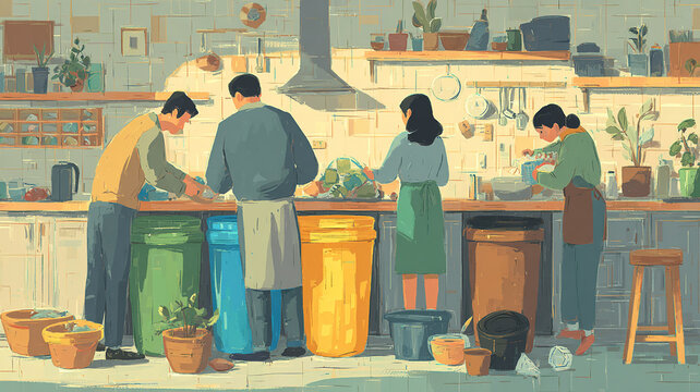 Family Sorting Waste into Colorful Recycling Bins in the Kitchen