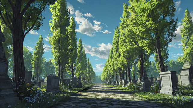 Cemetery Avenue Among Green Trees and Gravestones on a Sunny Day