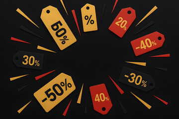 Black Friday Sale Explosions of Discount Price Tags with Percentage Off on Red Black and Yellow Background