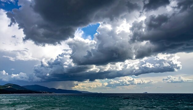 A dramatic skyscape over a vast body of water, with dark, ominous storm clouds dominating the scene and a peek of blue sky - Powered by Adobe