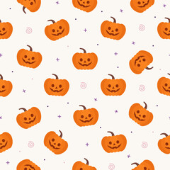 Halloween seamless pattern. Haloween background with pumpkin faces. Spooky seasonal print. Scary autumn texture. Vector Illustration. Orange purple wrapping paper. Scrapbook design.