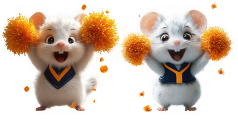 Two cute cartoon mice wearing blue and yellow vests, holding orange pompoms and cheering, isolated on transparent background