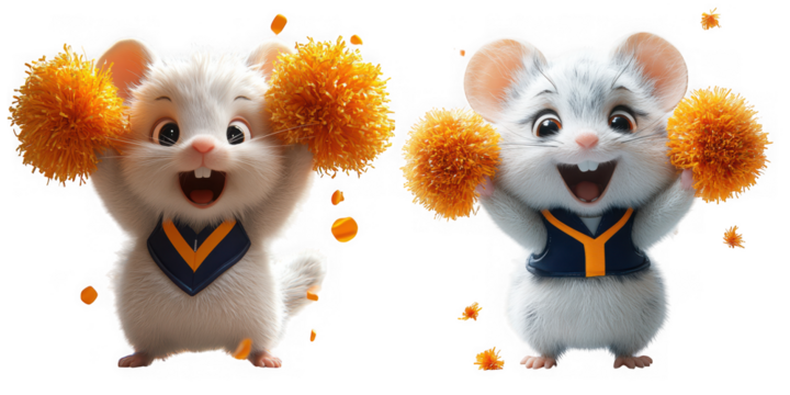 Two cute cartoon mice wearing blue and yellow vests, holding orange pompoms and cheering, isolated on transparent background
