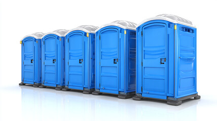 Portable Restroom Booths Aligned on White Background