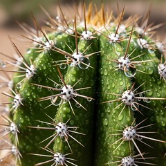 Close-up of a Wet Cactus with Sharp Spines.
