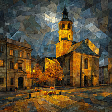 Cubist Painting of City Church at Night