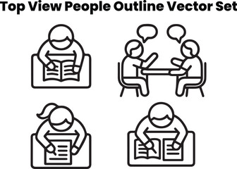 Top view of students sitting, reading, and chatting — minimal black line vector for education theme