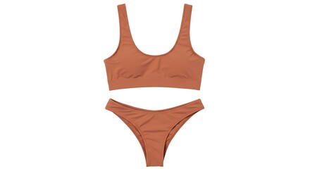 Obraz premium A terracotta colored two piece bathing suit set isolated on a plain white studio background flat lay style