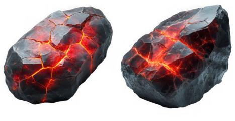 Two glowing hot coal pieces isolated on transparent background