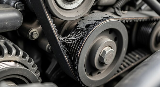 Damaged Serpentine Belt on Car Engine - Close-Up View.