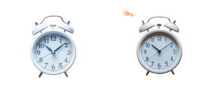Two white alarm clocks isolated on transparent background