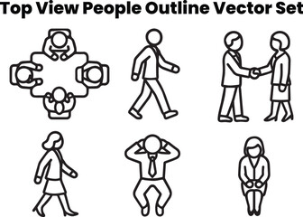 Minimal outline vector icons showing office people from above — working, meeting, walking, and talking scenes